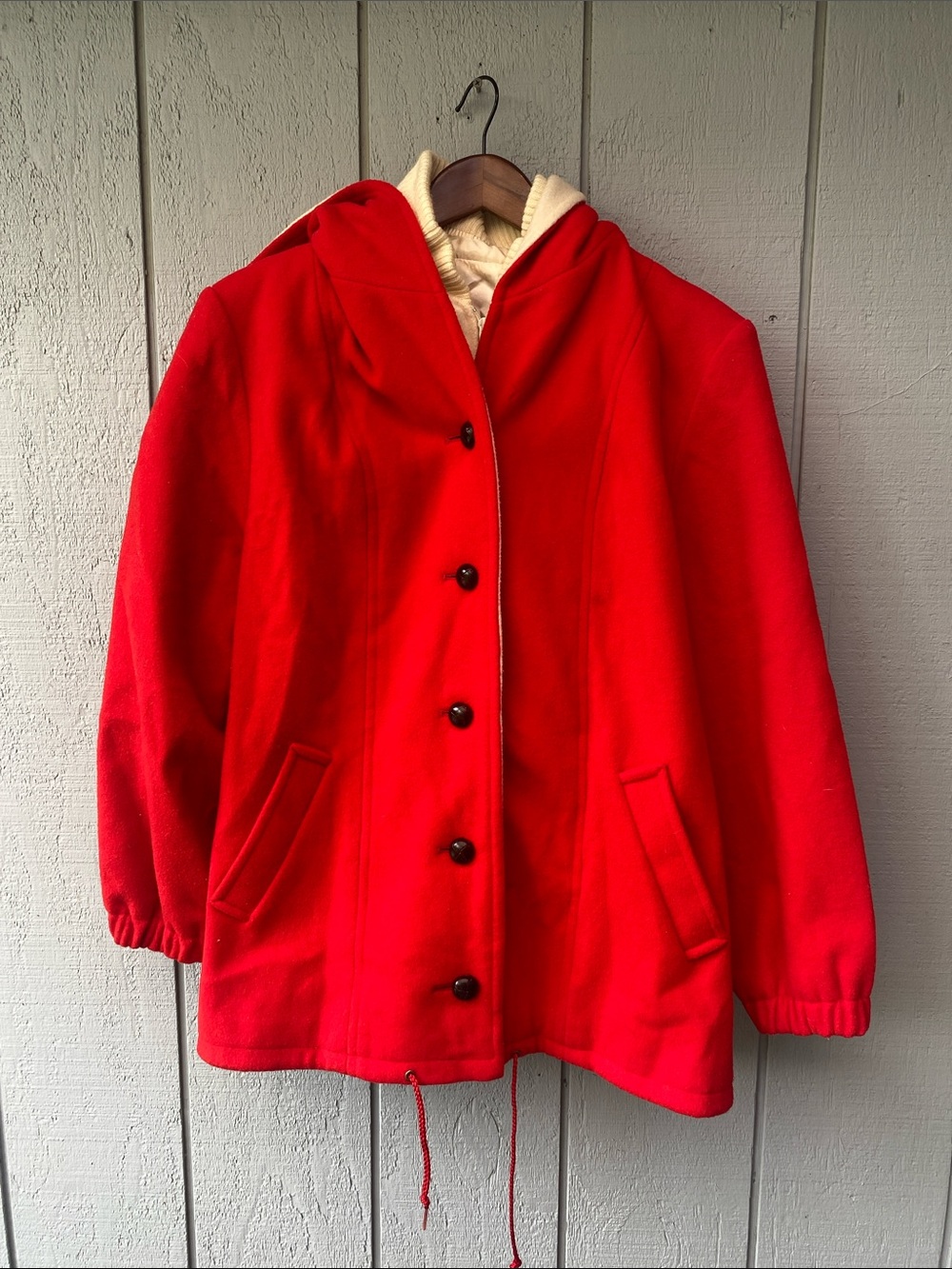 Vintage! Women's Red Hooded Pea Coat - Classic Button-Front Jacket